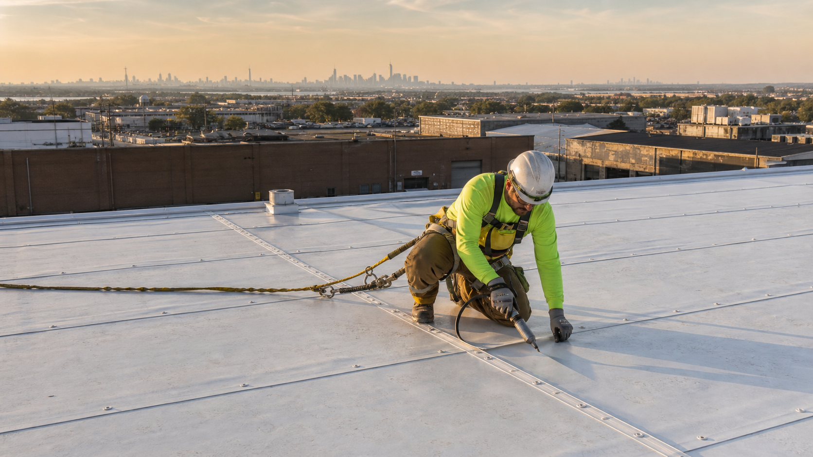 Commercial roofer working on a flat roof in Linden, New Jersey